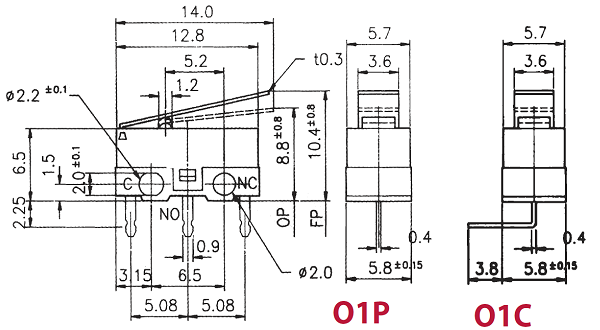DM1-01C-30G-G, микропереключатель с лапкой 125В 1A угловой