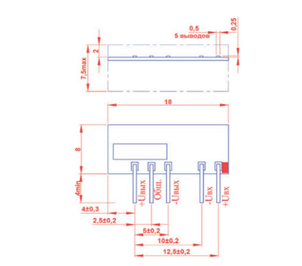 10205НААп, DC/DC преобразователь 1Вт, выход 5/-5В 0.1А, вход 5В, -40+70