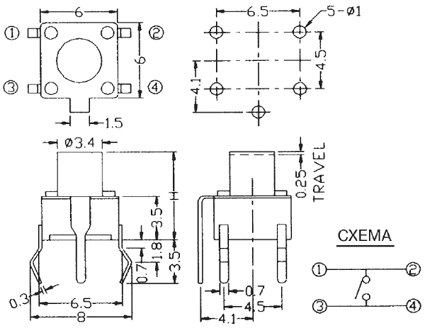 0643GHIM-130G-G, кнопка тактовая 6х6 с заземлением h=4.3мм (=TS-A1PG-130 SWT2)