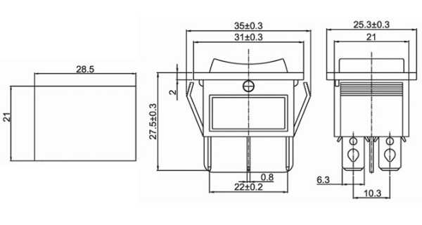 36-2390, выключатель клавишный 250В 15А 6 контактов ON-OFF-ON красный с подсветкой 28.5*21мм (B1024,
