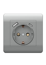 431454, (NEW3-E) Розетка с/з со шторками, 16А+ USB двойная A+С, 5В/2,1А, серебряный
