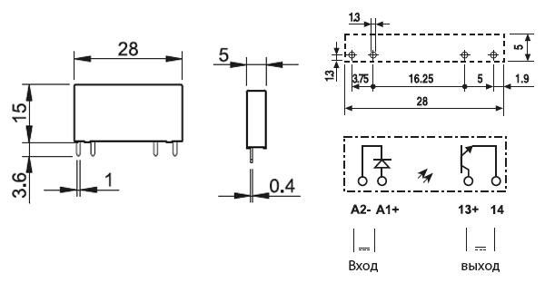 34.81.7.005.9024, Ультратонкое твердотельное реле; монтаж на плату; выход 6A(24В DC); вход 5В DC;