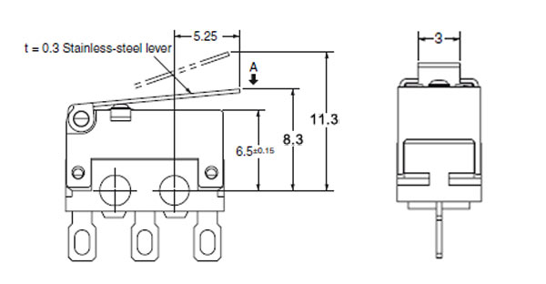 D2FD2L11T, микропереключатель с лапкой 2А/125В, на плату