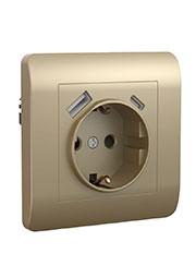431453, (NEW3-E) Розетка с/з со шторками, 16А+ USB двойная A+С, 5В/2,1А, шампань